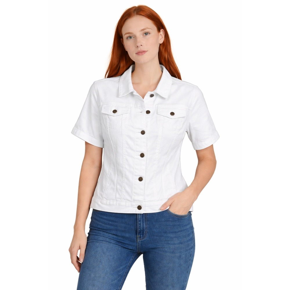 Woman Within White Denim Trucker Jacket Womens Size 14W‎ Stretch Short Sleeve